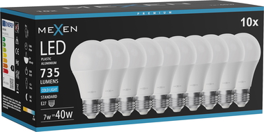 Mexen Nova 10x LED-Glühlampe E27, A60, 7W, Kalt - 6500K, 735 lm - L100-E27-0765-01x10