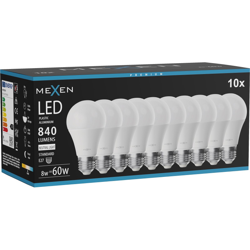 Mexen Nova 10x Bombilla LED E27, A60, 8W, Neutra - 4000K, 840 lm - L100-E27-0840-01x10