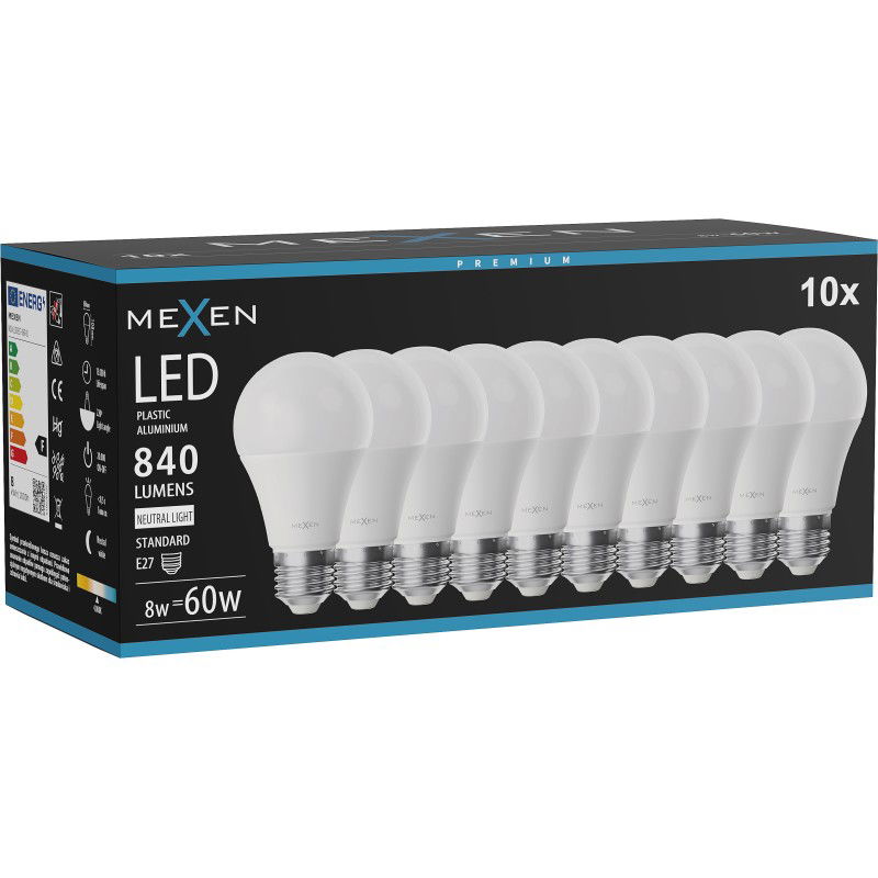 Mexen Nova 10x Lampadina LED E27, A60, 8W, Neutra - 4000K, 840 lm - L100-E27-0840-01x10