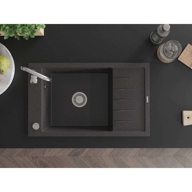 Mexen Elias lavello in granito 1-vasca con sgocciolatoio 795 x 480 mm, nero maculato, sifone cromato - 6511791005-76