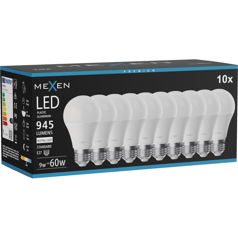Mexen Nova 10x Bombilla LED E27, A60, 9W, Neutral - 4000K, 945 lm - L100-E27-0940-01x10