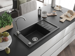 Mexen Elias granieten gootsteen 1-komor met afdruiprek 795 x 480 mm, zwart, chromen sifon - 6511791005-77