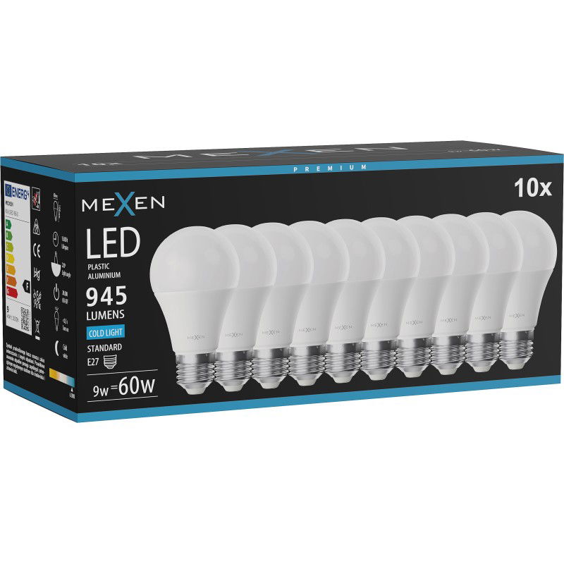 Mexen Nova 10x LED lamp E27, A60, 9W, Koud - 6500K, 945 lm - L100-E27-0965-01x10