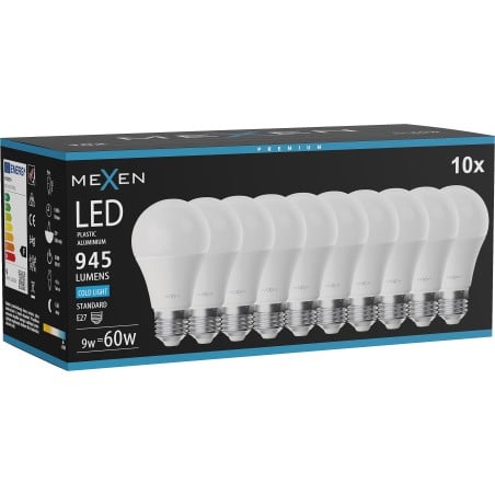 Mexen Nova 10x LED-glödlampa E27, A60, 9W, Kall - 6500K, 945 lm - L100-E27-0965-01x10