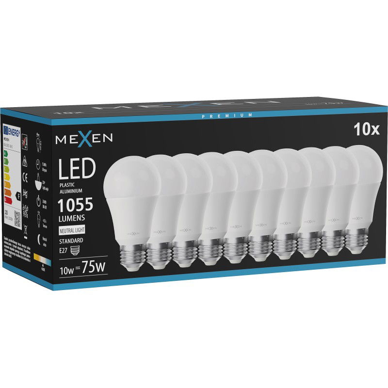 Mexen Nova 10x LED spuldze E27, A60, 10W, Neitrāla - 4000K, 1055 lm - L100-E27-1040-01x10