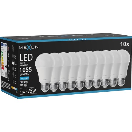 Mexen Nova 10x LED-lampa E27, A60, 10W, Kall - 6500K, 1055 lm - L100-E27-1065-01x10