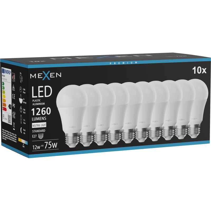 Mexen Nova 10x Bombilla LED E27, A60, 12W, Neutra - 4000K, 1260 lm - L100-E27-1240-01x10