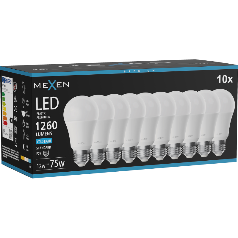 Mexen Nova 10x żarówka LED E27, A60, 12W, Zimna - 6500K, 1260 lm - L100-E27-1265-01x10