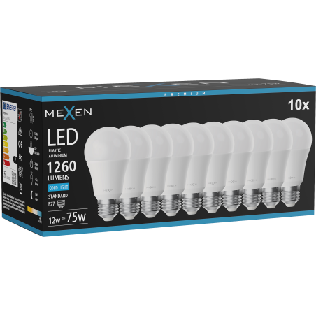 Mexen Nova 10x LED-lamppu E27, A60, 12W, Kylmä - 6500K, 1260 lm - L100-E27-1265-01x10