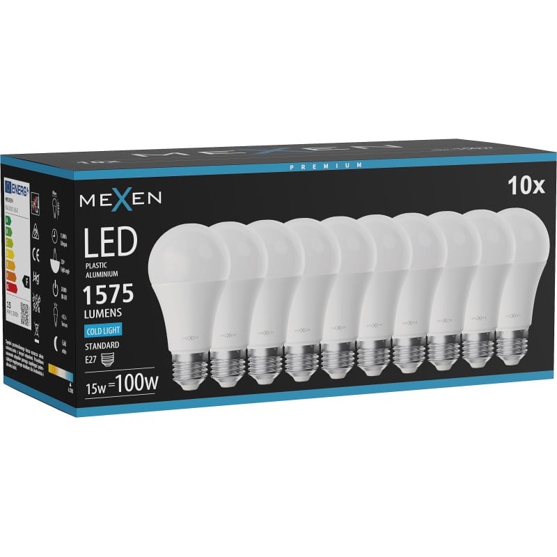 Mexen Nova 10x LED Bulb E27, A60, 15W, Cool - 6500K, 1575 lm - L100-E27-1565-01x10