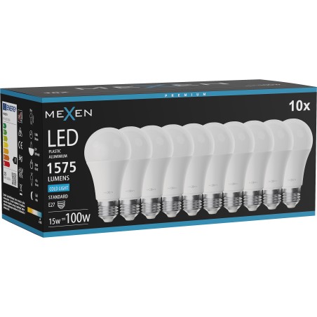 Mexen Nova 10x LED-lampa E27, A60, 15W, Kall - 6500K, 1575 lm - L100-E27-1565-01x10