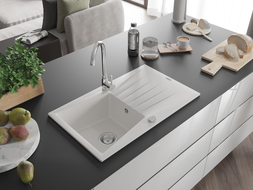 Mexen Cesar 1-bowl granite sink with drainer 775 x 470 mm, white, chrome siphon - 6514771010-20