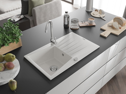 Mexen Cesar évier en granit 1 bac avec égouttoir 775 x 470 mm, blanc, siphon chromé - 6514771010-20