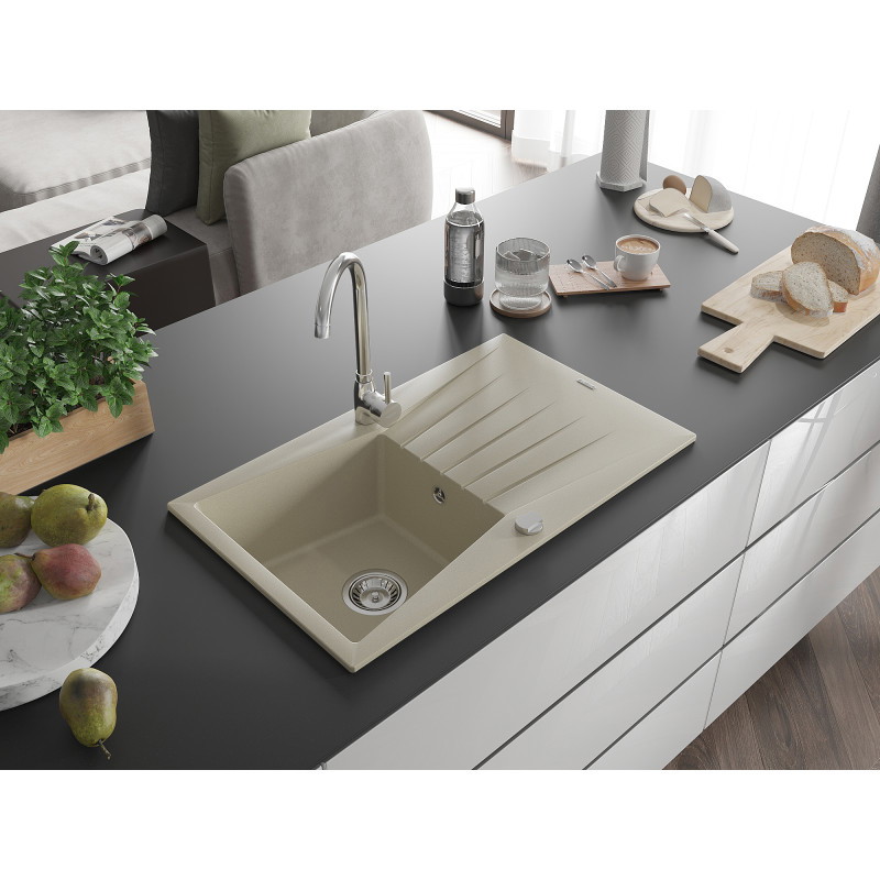 Mexen Cesar fregadero de granito de 1 seno con escurridor 775 x 470 mm, beige, sifón cromado - 6514771010-69