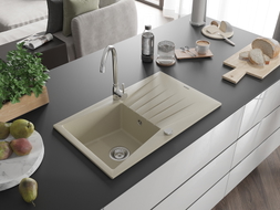 Mexen Cesar 1-Bowl Granite Sink with Drainer 775 x 470 mm, Beige, Chrome Siphon - 6514771010-69
