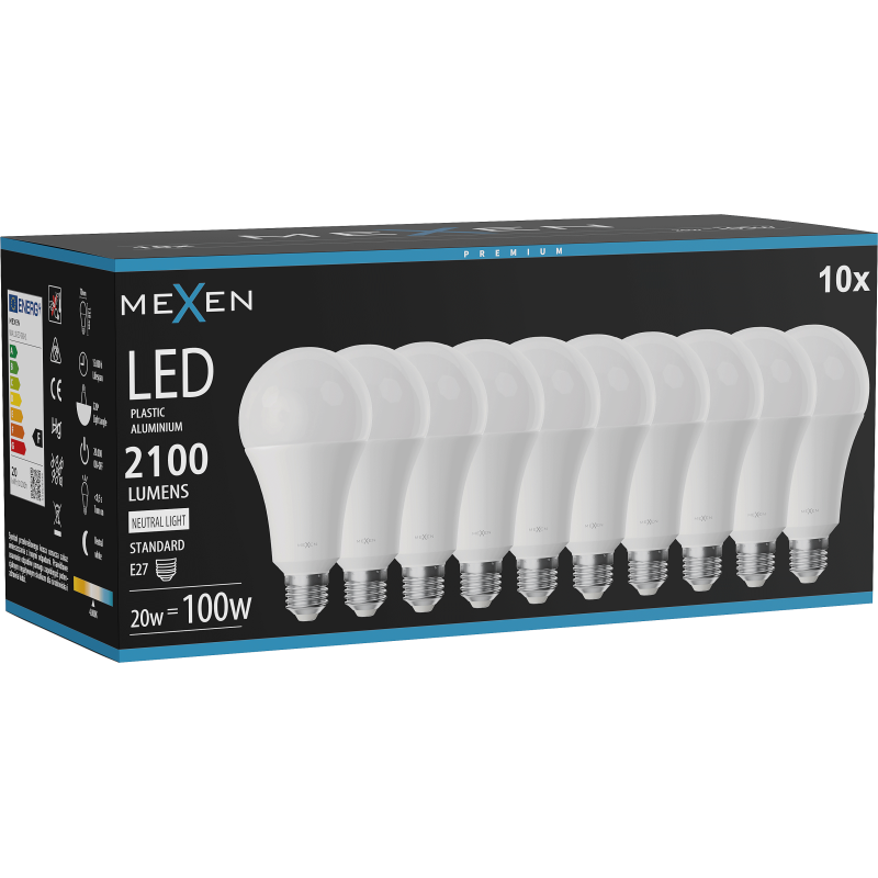 Mexen Nova 10x Lampadina LED E27, A70, 20W, Neutra - 4000K, 2100 lm - L100-E27-2040-01x10
