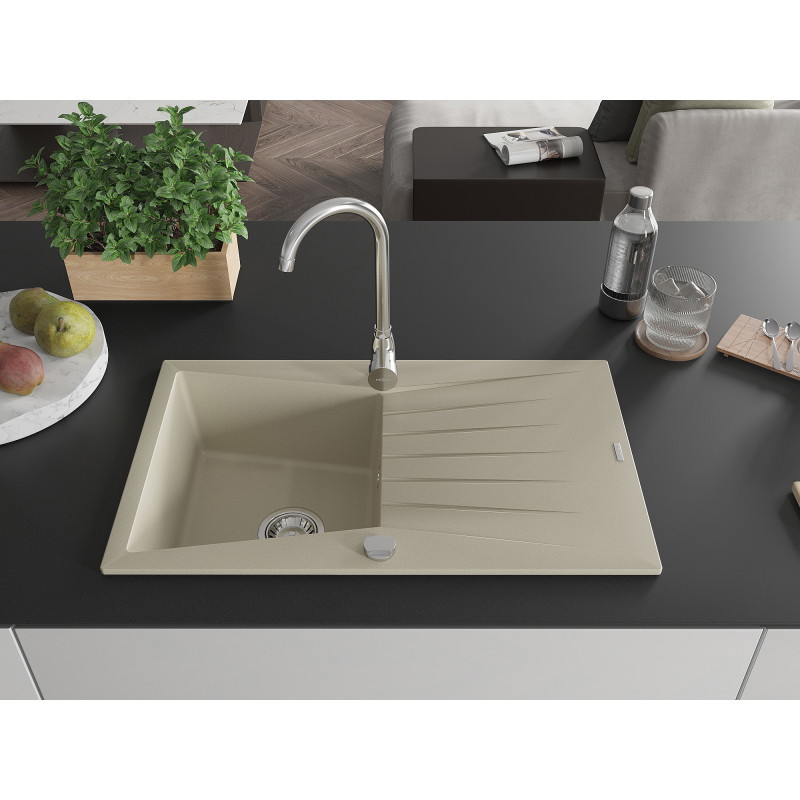 Mexen Cesar fregadero de granito de 1 seno con escurridor 775 x 470 mm, beige, sifón cromado - 6514771010-69