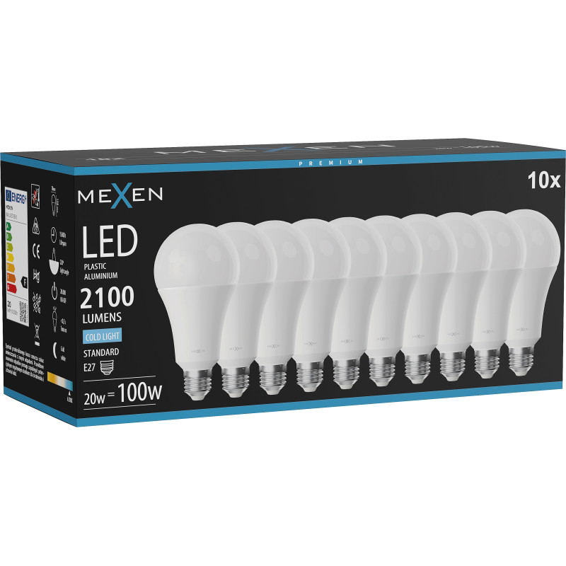 Mexen Nova 10x Bombilla LED E27, A70, 20W, Fría - 6500K, 2100 lm - L100-E27-2065-01x10