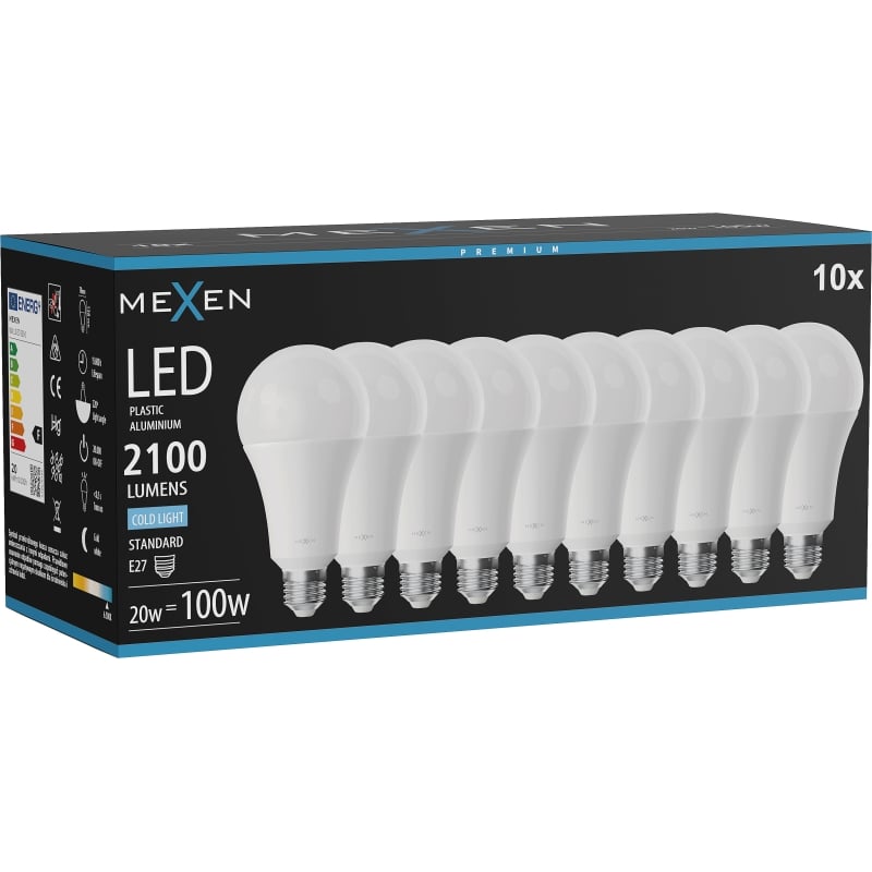 Mexen Nova 10x LED-glödlampa E27, A70, 20W, Kall - 6500K, 2100 lm - L100-E27-2065-01x10