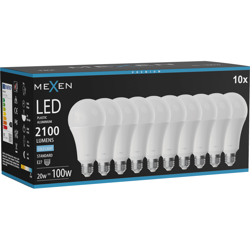 Mexen Nova 10x LED-Glühbirne E27, A70, 20W, Kalt - 6500K, 2100 lm - L100-E27-2065-01x10