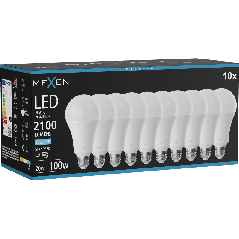 Mexen Nova 10x żarówka LED E27, A70, 20W, Zimna - 6500K, 2100 lm - L100-E27-2065-01x10
