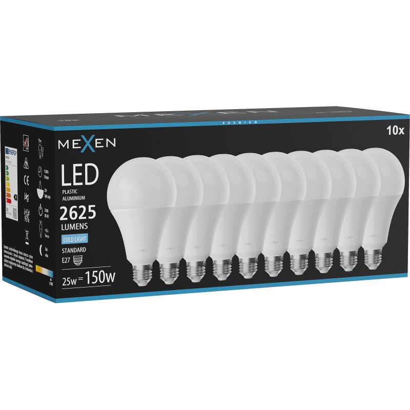 Mexen Nova 10x LED-lampa E27, A95, 25W, Kall - 6500K, 2625 lm - L100-E27-2565-01x10