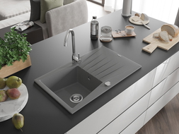 Mexen Cesar Granitspüle 1-becken mit Abtropffläche 775 x 470 mm, grau, Siphon Chrom - 6514771010-71