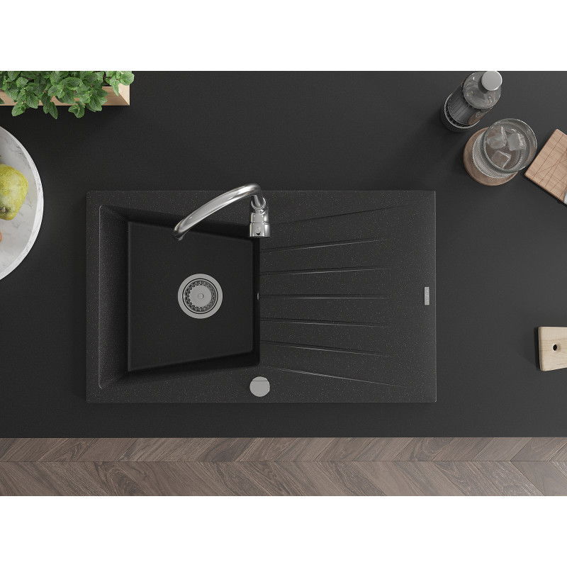 Mexen Cesar Granitspüle 1-Becken mit Abtropffläche 775 x 470 mm, schwarz/silber metallisch, Siphon Chrom - 6514771010-73