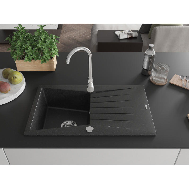 Mexen Cesar 1-komatische granieten gootsteen met afdruiprek 775 x 470 mm, zwart/zilverkleurig metallic, chromen sifon