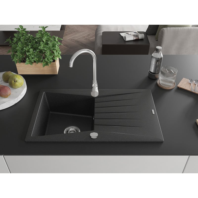 Mexen Cesar granite sink 1-bowl with drainer 775 x 470 mm, black/silver metallic, chrome siphon - 6514771010-73