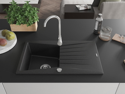 Mexen Cesar fregadero de granito de 1 seno con escurridor 775 x 470 mm, negro/plata metálica, sifón cromado - 6514771010-73