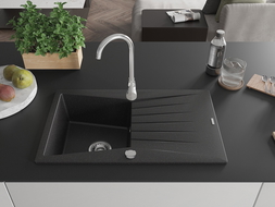 Mexen Cesar Granitspüle 1-Becken mit Abtropffläche 775 x 470 mm, schwarz/silber metallisch, Siphon Chrom - 6514771010-73