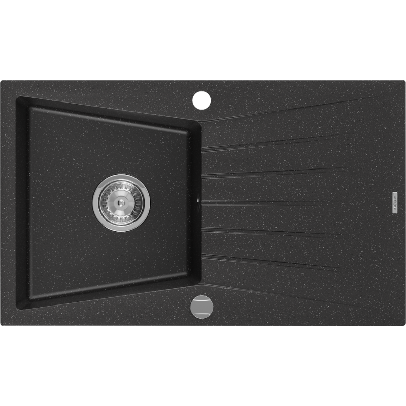 Mexen Cesar 1-komatische granieten gootsteen met afdruiprek 775 x 470 mm, zwart/zilverkleurig metallic, chromen sifon