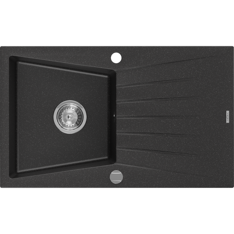 Mexen Cesar Granitspüle 1-Becken mit Abtropffläche 775 x 470 mm, schwarz/silber metallisch, Siphon Chrom - 6514771010-73