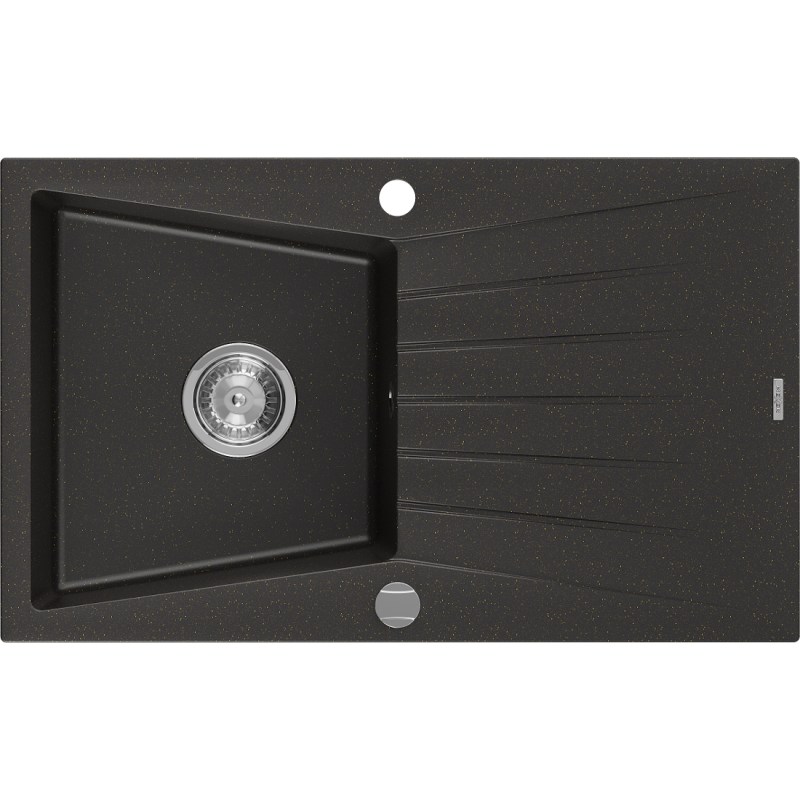 Mexen Cesar fregadero de granito de 1 seno con escurridor 775 x 470 mm, negro/oro metálico, sifón cromo - 6514771010-75