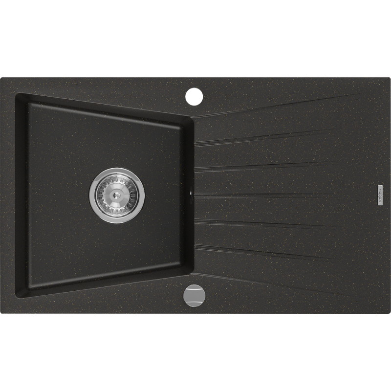 Mexen Cesar granite kitchen sink 1-bowl with drainer 775 x 470 mm, black/gold metallic, chrome siphon - 6514771010-75
