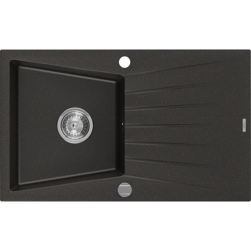 Mexen Cesar lava-louça de granito de 1 cuba com escorredor 775 x 470 mm, preto/dourado metálico, sifão cromado
