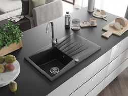 Mexen Cesar Granitspüle 1-beckig mit Abtropffläche 775 x 470 mm, schwarz/gold metallic, Siphon chrom - 6514771010-75