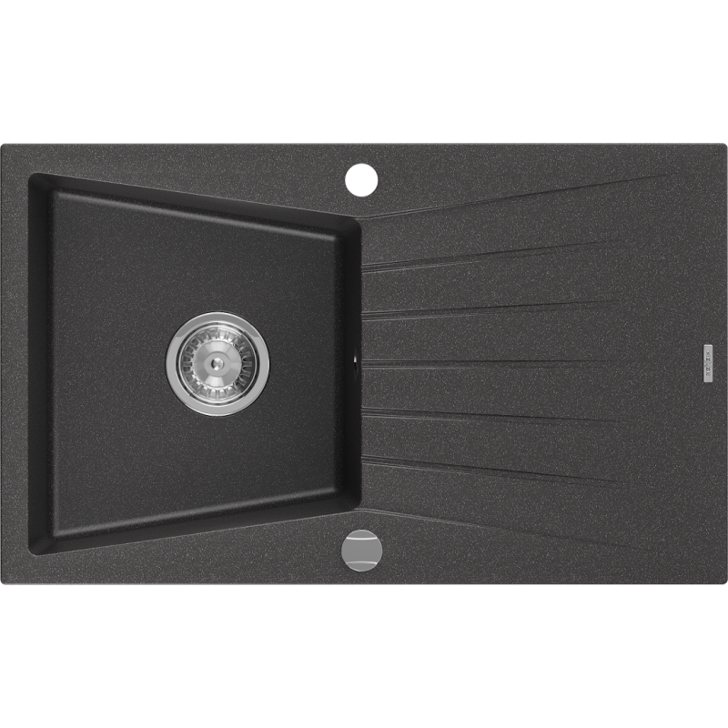 Mexen Cesar granite sink, 1-bowl with drainer 775 x 470 mm, black speckled, chrome siphon - 6514771010-76