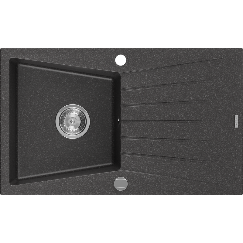 Mexen Cesar Granitspüle 1-beckig mit Abtropffläche 775 x 470 mm, schwarz gesprenkelt, Siphon Chrom - 6514771010-76