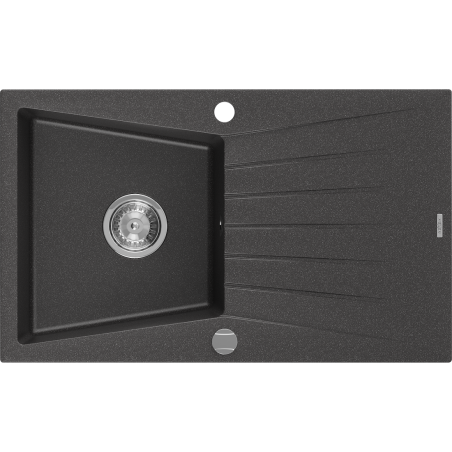 Mexen Cesar granite sink, 1-bowl with drainer 775 x 470 mm, black speckled, chrome siphon - 6514771010-76