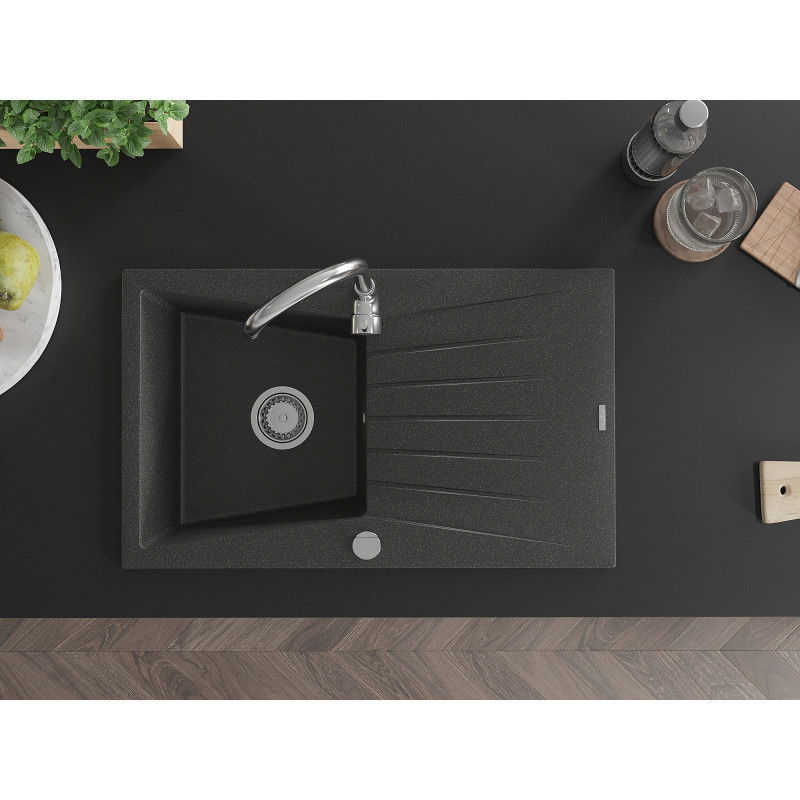 Mexen Cesar Granitspüle 1-beckig mit Abtropffläche 775 x 470 mm, schwarz gesprenkelt, Siphon Chrom - 6514771010-76