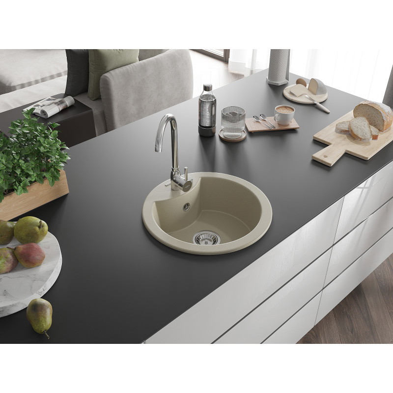 Mexen Diego fregadero de cocina de granito de 1 seno 488 x 480 mm, beige, sifón cromado - 6512481000-69