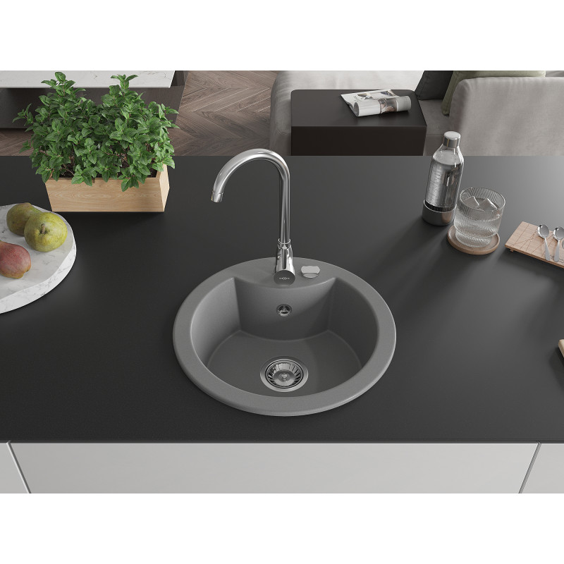 Mexen Diego granit gootsteen 1-komor 488 x 480 mm, grijs, sifon chroom - 6512481000-71