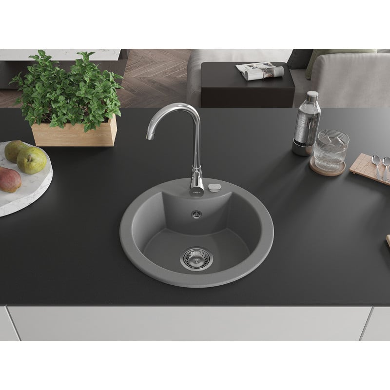 Mexen Diego granite sink 1-bowl 488 x 480 mm, grey, chrome siphon - 6512481000-71