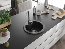 Mexen Diego évier en granit 1 bac 488 x 480 mm, noir/métallique argent, siphon chromé - 6512481000-73