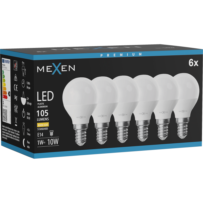 Mexen Nova 6x LED žarnica E14, G45, 1W, Topla - 3000K, 105 lm - L101-E14-0130-01x06