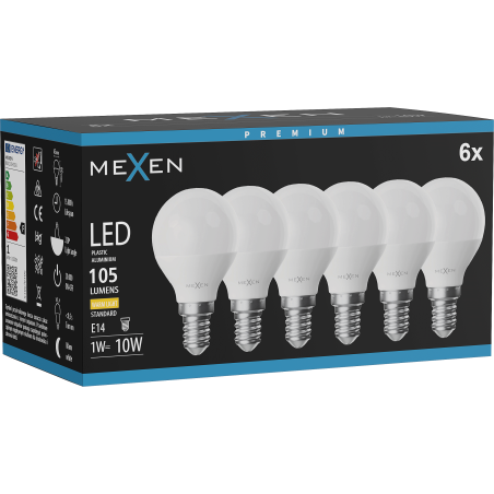 Mexen Nova 6x LED-Lampe E14, G45, 1W, Warm - 3000K, 105 lm - L101-E14-0130-01x06