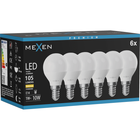 Mexen Nova 6x LED-Luucht E14, G45, 1W, Waarm - 3000K, 105 lm - L101-E14-0130-01x06