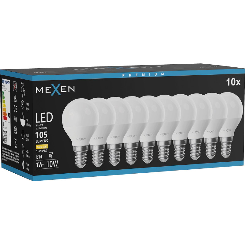 Mexen Nova 10x Bombilla LED E14, G45, 1W, Cálida - 3000K, 105 lm - L101-E14-0130-01x10